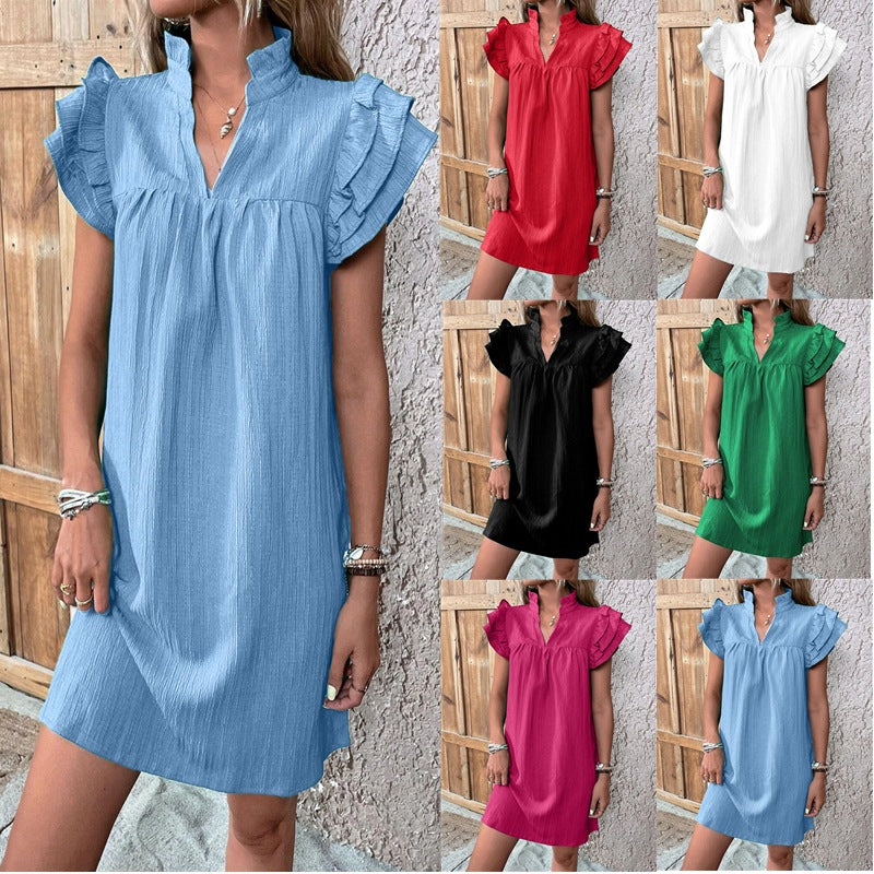 Robe Col en V – Manches Volantées & Silhouette Sculptée