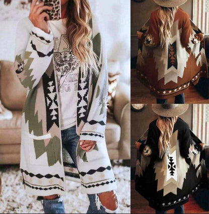 Amazon long sleeve printed cardigan coat woolen coat d