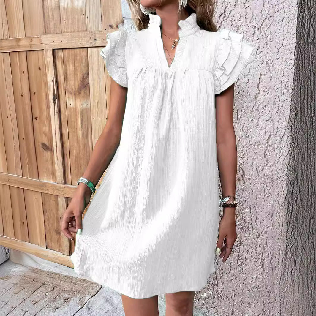 Robe Col en V – Manches Volantées & Silhouette Sculptée